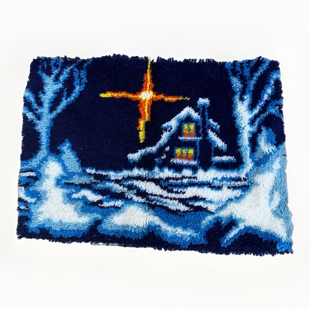 Vtg 70's Latch Hook Rug Complete Finished Winter Wonderland Christmas Snow